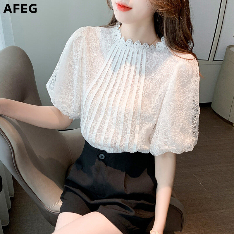 AFEG Korean style women's short-sleeved round neck lace blouse for women