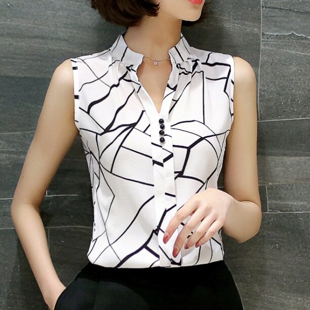 Female Fashion Sleeveless Floral Chiffon Shirts Women Summer Large Size Blouse Printed Tops