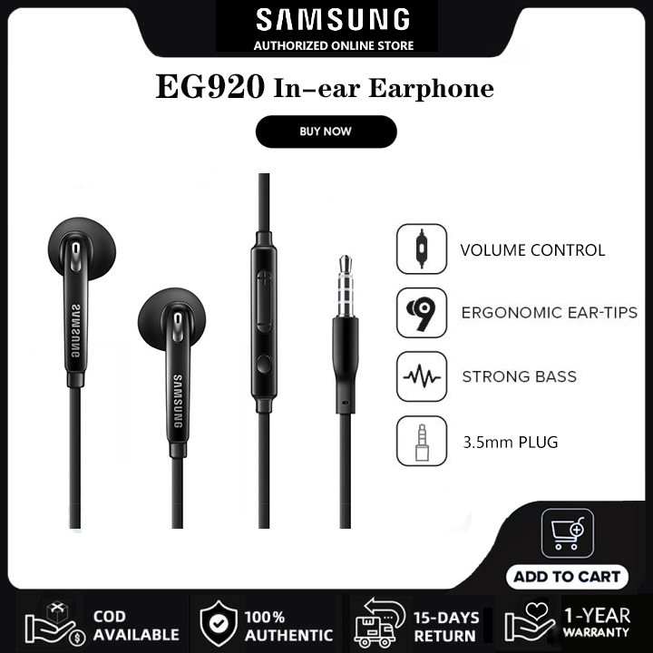 Samsung Earphone Original EO-EG920 AKG In-Ear Headphones | 3.5mm Edition Hi-Res Audio Bass Earphones | 3-Button With Mic Voice Volume Control | For S10 S9 S8 S7 S6 A30 A50 A70