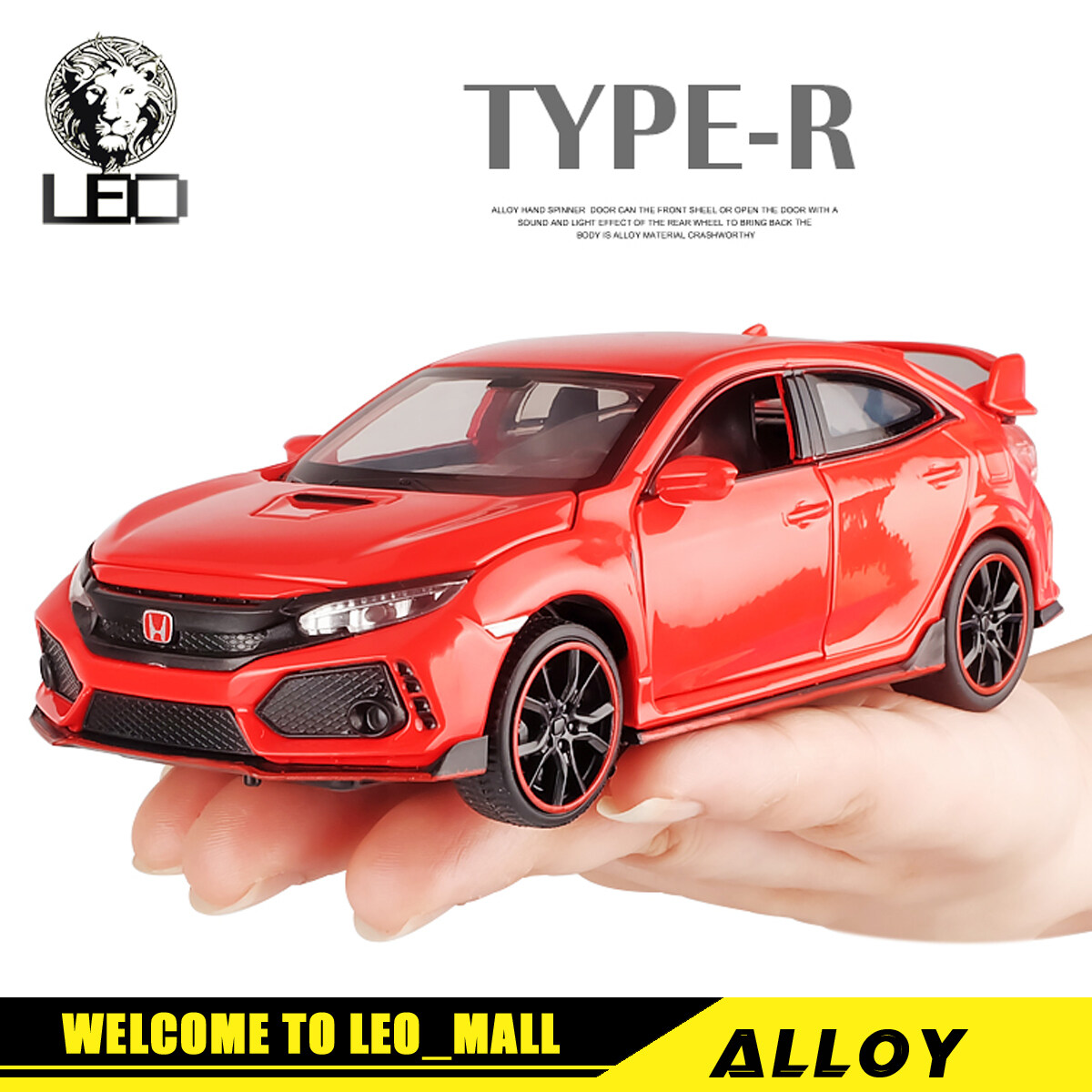 LEO 1:32 DIECAST Honda Civic type R model alloy car sound and light pull back caR TOYS COLLECTION Toys for boys