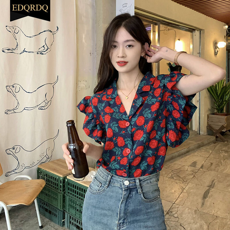 EDQRDQ Floral Tops Ruffles V Neck Petal Sleeve Batwing Blouses for Women