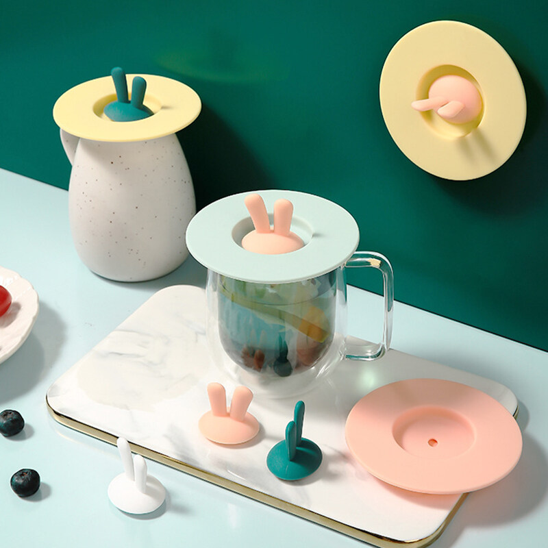 Mododo Silicone Cup Lid Heat Resistant Sealed Cover Bunny Ear Shape Leak-proof Reusable for Kids