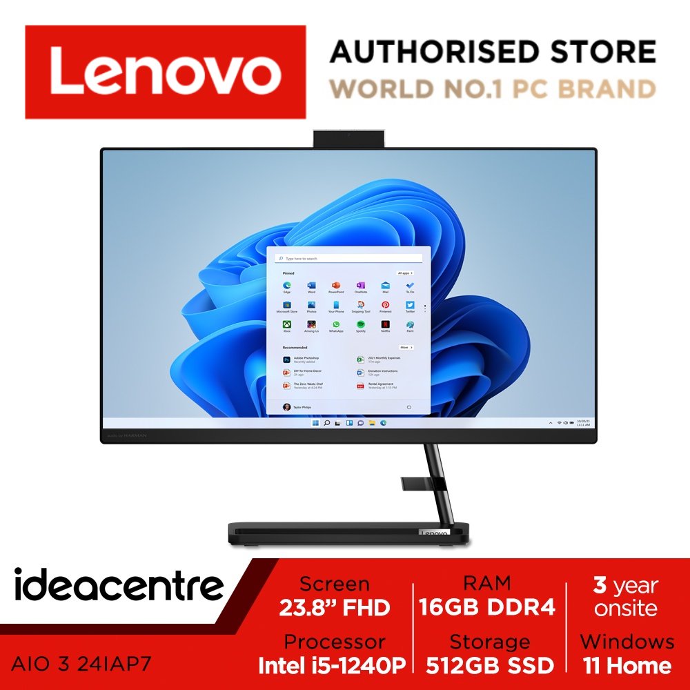 [Best Seller] Lenovo IdeaCentre AIO 3  24IAP7 | F0GH0006ST | 23.8" FHD (1920x1080) | Intel Core i5-1240P | 16GB RAM | 256GB SSD + 1TB HDD | Intel Iris Xe Graphics | Win11 Home | 3Y Onsite Warranty