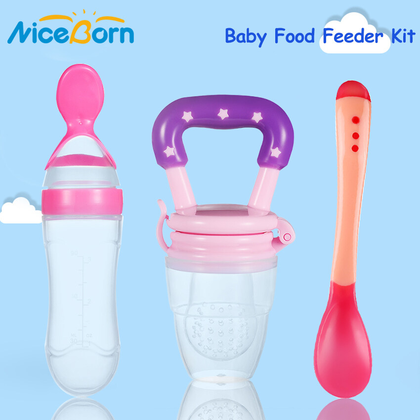 NiceBorn 3PCS Baby Food Feeder Kit Squeeze Feeding Bottle with Spoon Baby Bite Pacifier Temperature Spoon Fruit Vegetable Feeder Squeezing Food Bottles Rice Paste Juice Feeder Infant Fruit Feeder Paci