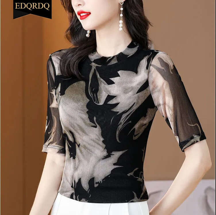 EDQRDQ Women's Tie Dye Mesh Tee Fashion Casual Shirt 3/4 Sleeve Fit Top