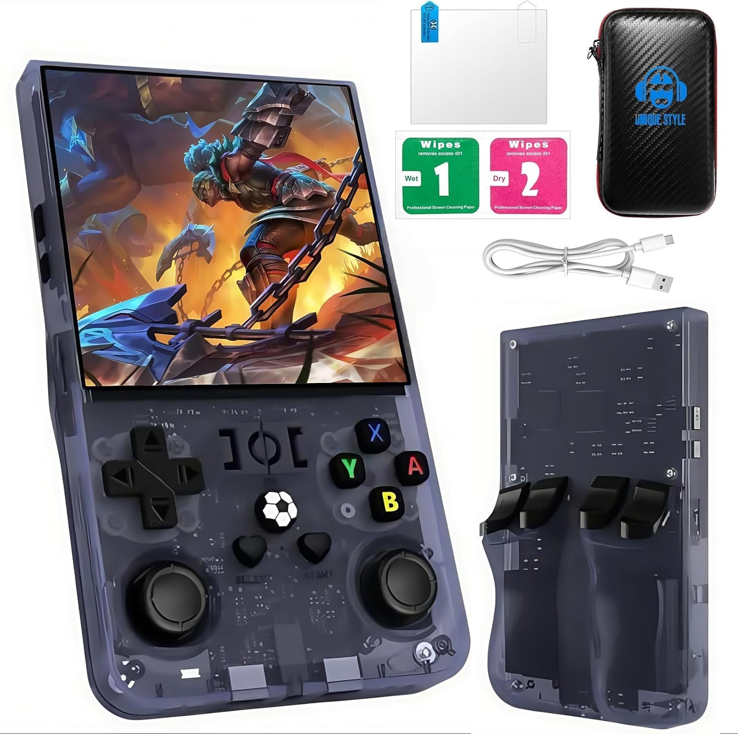 R36Max Handheld Game Console - Preloaded 18000+ Classic Games, for Gamer Dads Video Game Console (64Gb Translucent Grey)