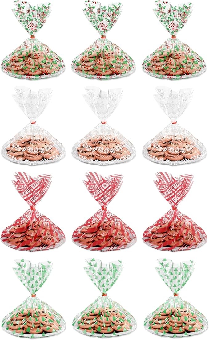 American Greetings Christmas Cellophane Cookie Tray Bags with Twist-Ties, Holiday Patterns (12-Count)
